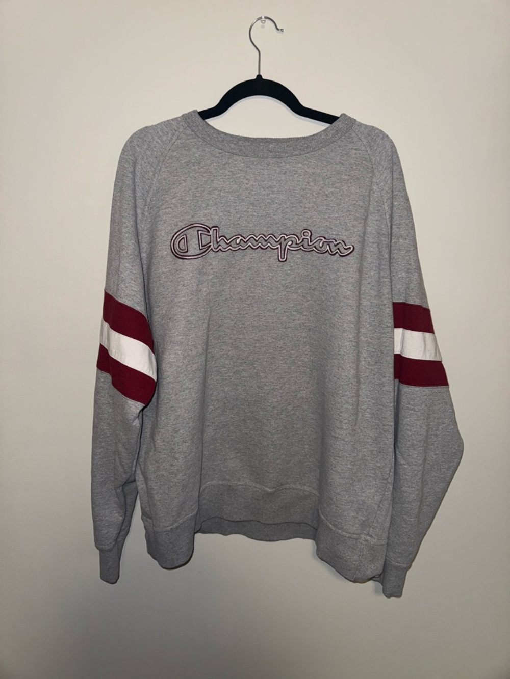 Champion Gray Crewneck Sweatshirt with Burgundy & White Sleeve Stripes